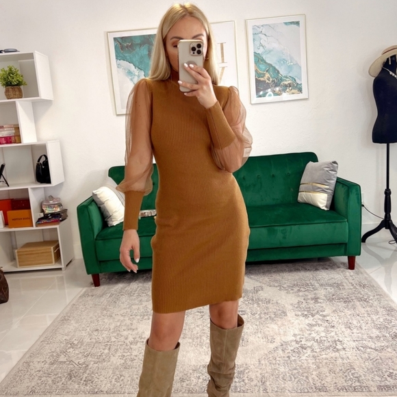 🅴 Love Ever After Ribbed Sweater Dress With Sheer Sleeves Size Small - Picture 1 of 6
